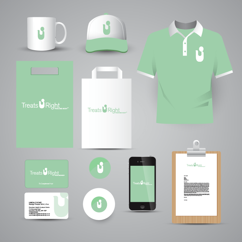 Graphic design. Mock Up. Logo. Treats U Right Face and Body. Complimentary slip. Letterhead. Business card. Hat
